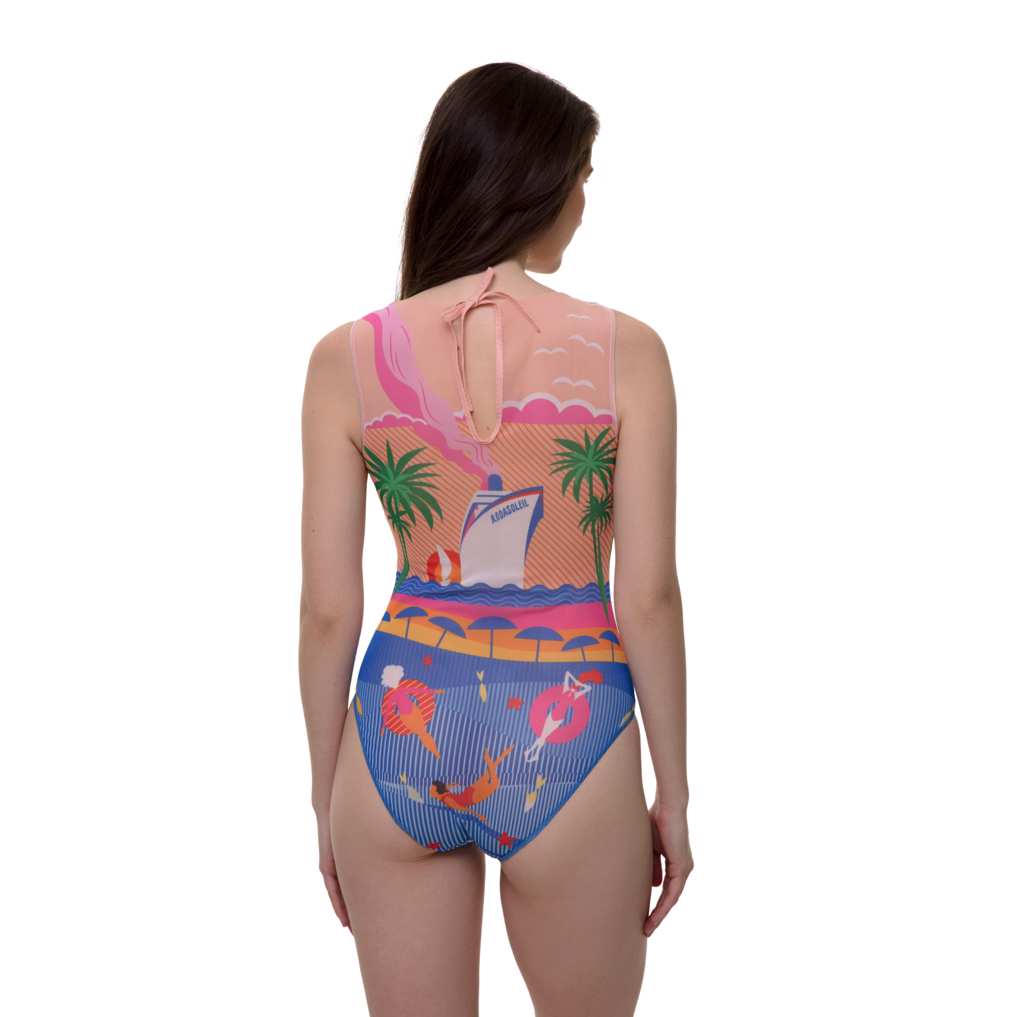 Side view of a model in a sleeveless Portofino Collection one-piece swimsuit, highlighting the eco-friendly tan-through fabric and coastal print, against a white background.