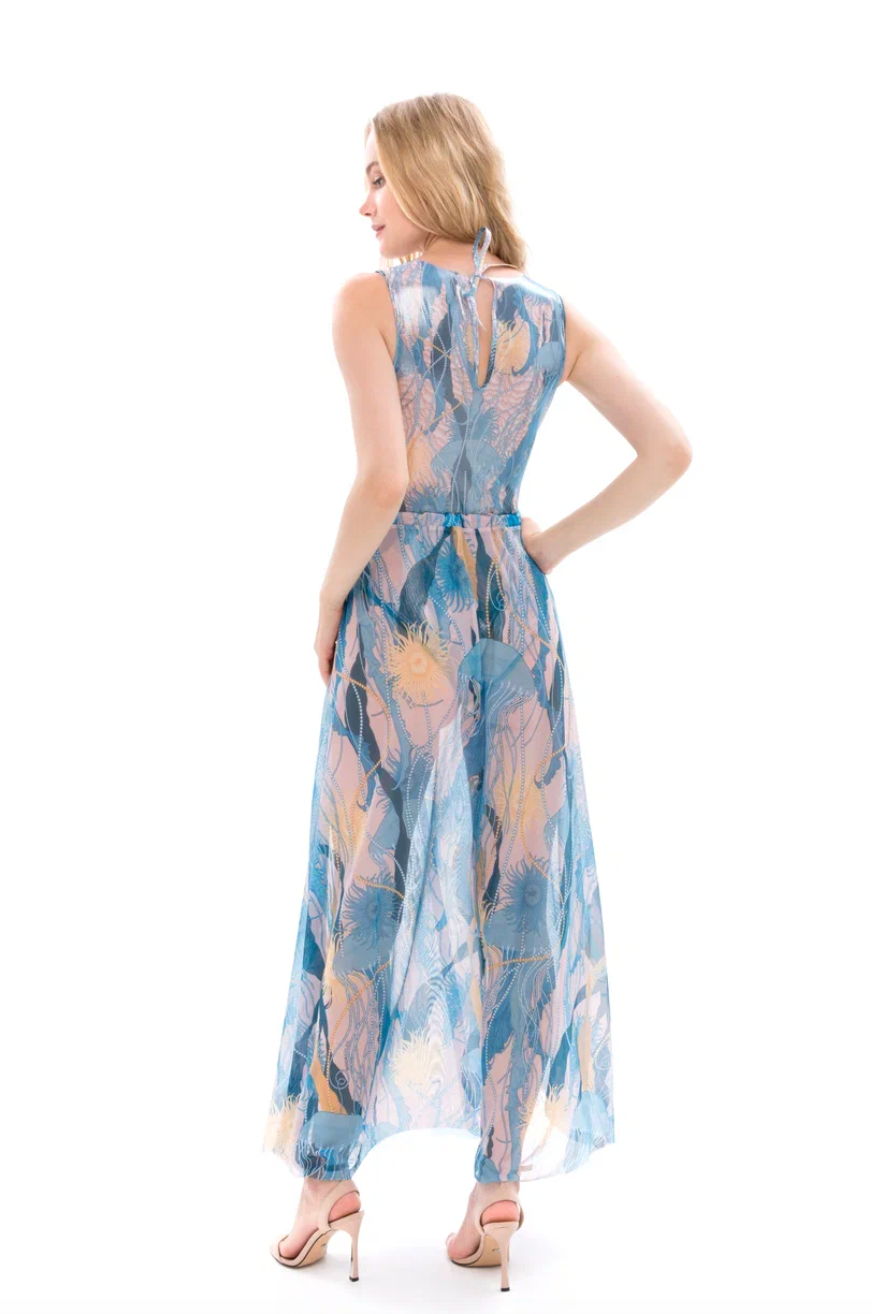 This file features sustainable tan-through smart swimsuits adorned with a stylish Jellyfish print. Included is a beach skirt offering SPF15 protection, perfect for luxurious beach days.