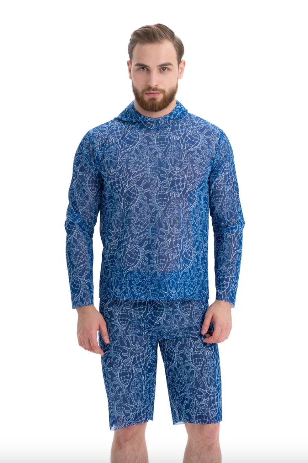 This file contains a description of a tan-through, innovative, sustainable Men's Smart T-shirt with and without Hood in SHELLS print. It offers SPF protection and classic luxury for modest fashion. Shop now!