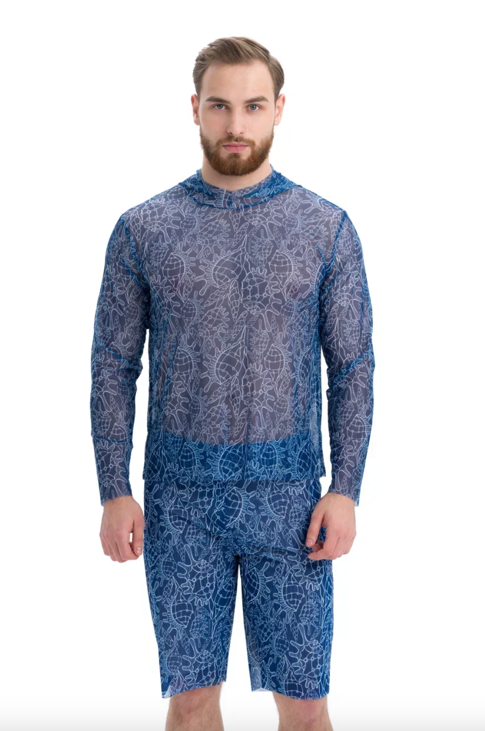 This file describes a SHELLS print Men's Smart T-shirt with and without Hood that is tan-through, innovative, and sustainable. It offers SPF protection and classic luxury for modest fashion. Shop now!