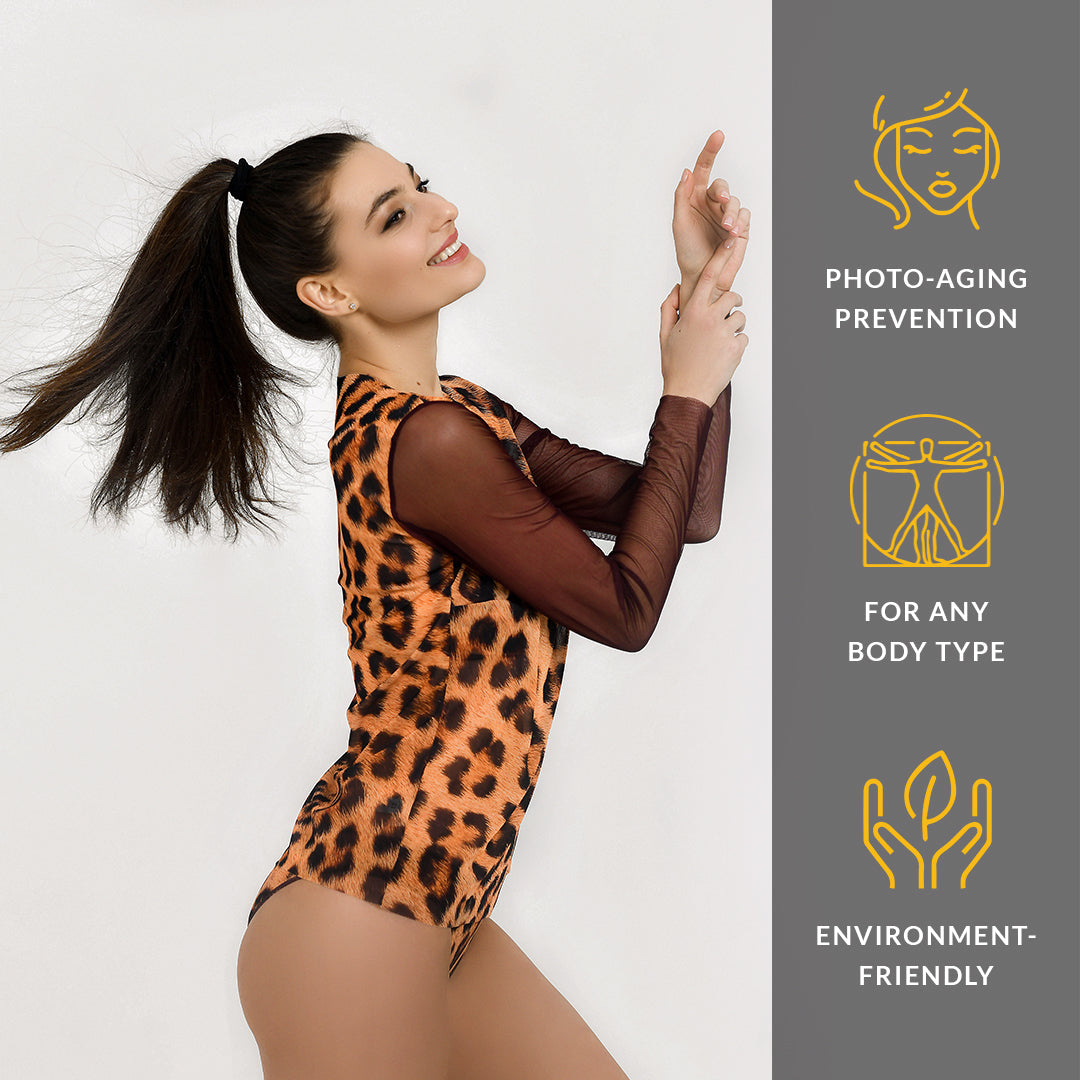 This file contains information about tan-through t-shirts featuring a leopard print design. These shirts offer SPF15 protection and embody classic luxury with their sustainable and stylish design.