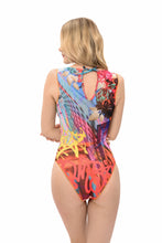 Load image into Gallery viewer, This file highlights a luxury smart swimsuit adorned with a graffiti print. It&#39;s a sleeveless one-piece that incorporates tan-through technology, ensuring accessibility for individuals with visual impairment or low-bandwidth connections
