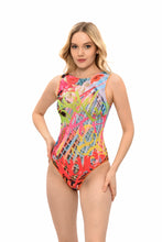 Load image into Gallery viewer, This file highlights a luxury smart swimsuit adorned with a graffiti print. The sleeveless one-piece boasts tan-through technology, offering style and practicality for individuals with visual impairment or low-bandwidth connections
