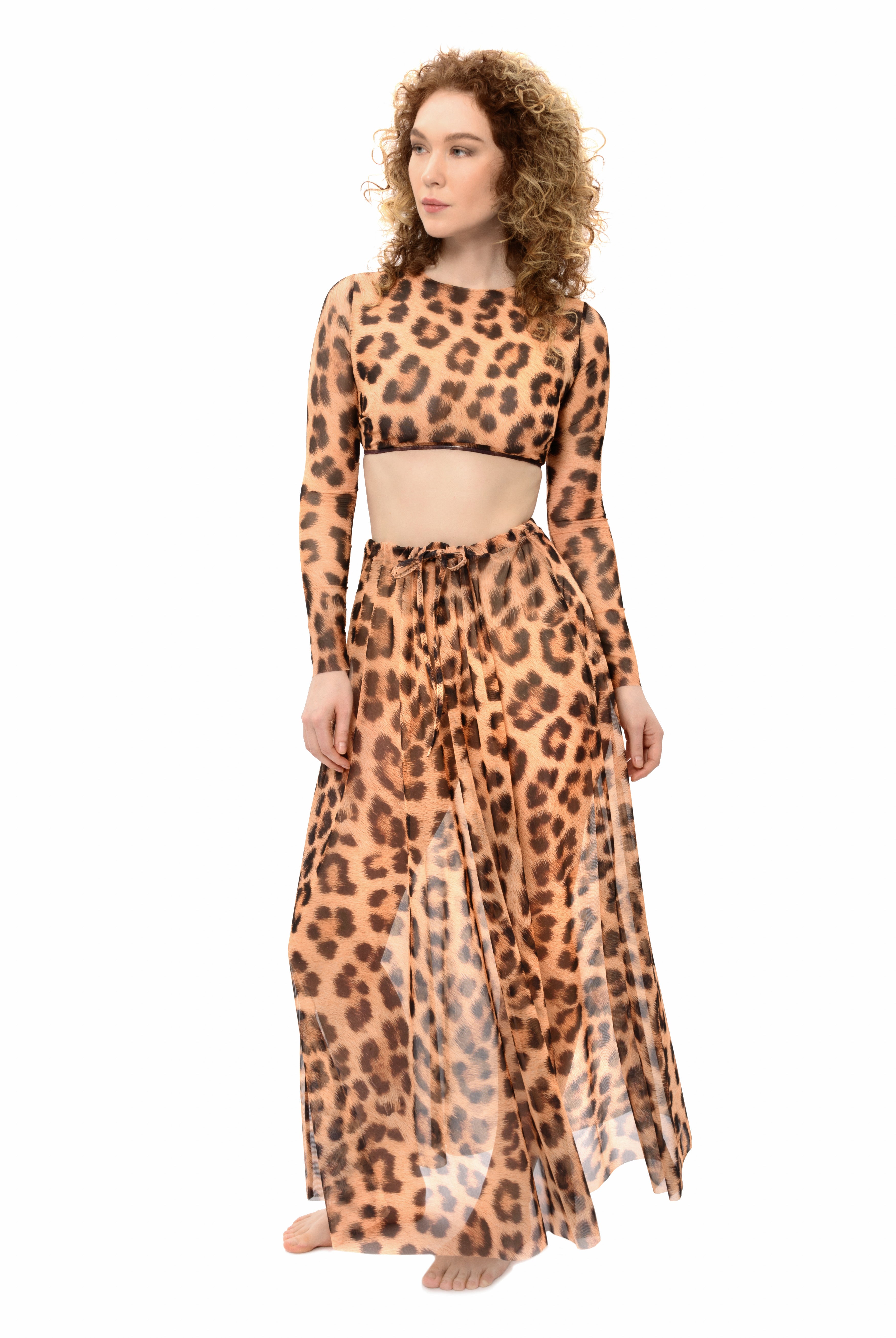 This file presents sustainable tan-through smart swimwear featuring the iconic leopard print. Highlighting a beach skirt showcased on the runway, it offers stylish options for your vacation wardrobe.