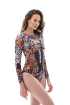 This file showcases innovative sustainable tan-through smart swimsuits adorned with a striking Skeleton print. Featuring a one-piece swimsuit design with sleeves, it embodies high fashion with punk style