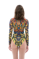 This file presents sustainable tan-through smart swimsuits adorned with a tropical Palms print. With a one-piece swimsuit design featuring sleeves, it exudes elegance and sophistication
