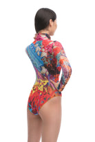 This file introduces a luxury sustainable one-piece swimsuit, featuring sleeves, a zipper, and a graffiti print. Designed for summer, it incorporates tan-through technology for enhanced comfort and style