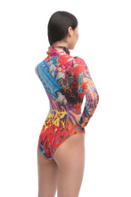 Load image into Gallery viewer, This file introduces a luxury sustainable one-piece swimsuit, featuring sleeves, a zipper, and a graffiti print. Designed for summer, it incorporates tan-through technology for enhanced comfort and style
