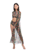 Load image into Gallery viewer,  This file showcases tan-through innovative sustainable smart swimsuits in Alkonost print. It includes a beach robe with sleeves and SPF15 protection, offering classic luxury for beachgoers.
