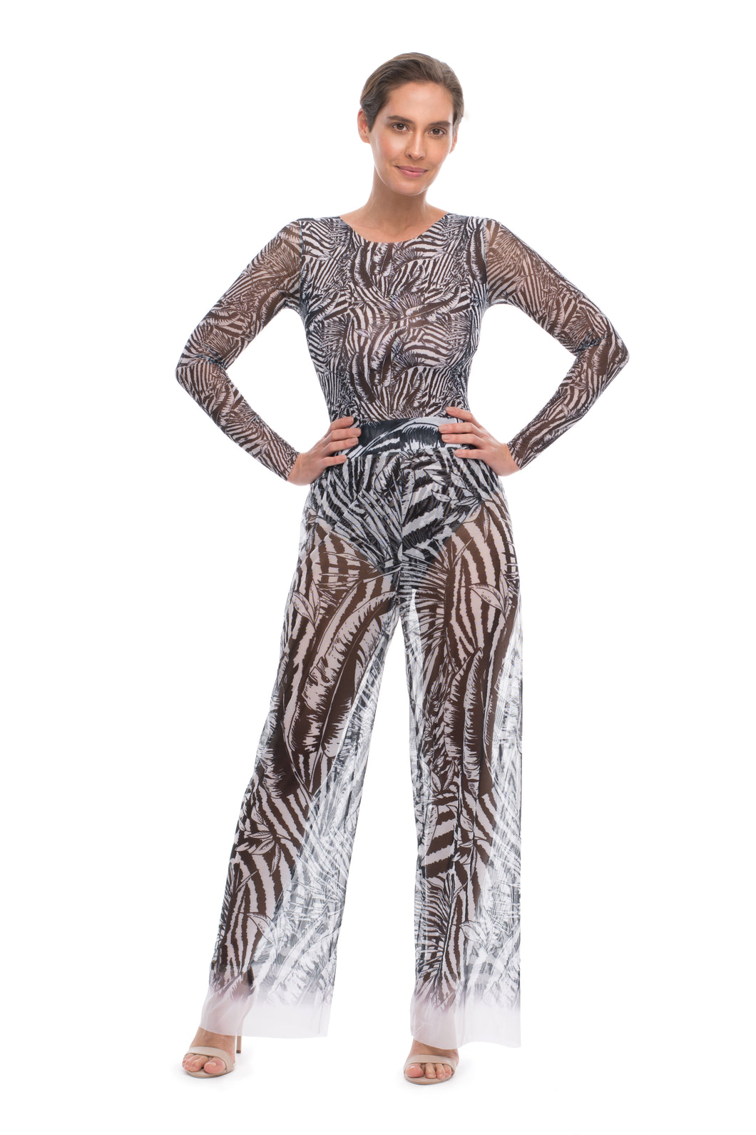 This file showcases sustainable tan-through smart swimsuits adorned with a trendy Fake Zebra print. Included are luxurious Beach Pants offering SPF35 protection for stylish sun safety.