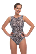 Load image into Gallery viewer, This file showcases sustainable tan-through smart swimsuits featuring a trendy Fake Zebra print. With sleeveless one-piece designs, they offer sun-safe sophistication.
