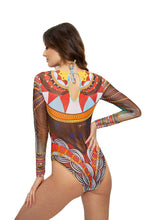 Load image into Gallery viewer, This file outlines the most innovative and sustainable smart swimsuit brand globally, featuring an Africa print one-piece with sleeves. Ideal for individuals seeking eco-conscious beachwear options despite visual impairments or low-bandwidth connections
