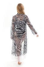 Load image into Gallery viewer, This file showcases sustainable tan-through smart swimsuits featuring a trendy Fake Zebra print. It includes a Beach Robe offering SPF35 protection, embodying a new classic beachwear style
