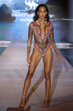 Load image into Gallery viewer, This file presents the leading smart swimsuit brand globally, showcasing their innovative Africa print one-piece with sleeves, zipper, and tan-without-tan-lines feature, offering runway-inspired style for all.
