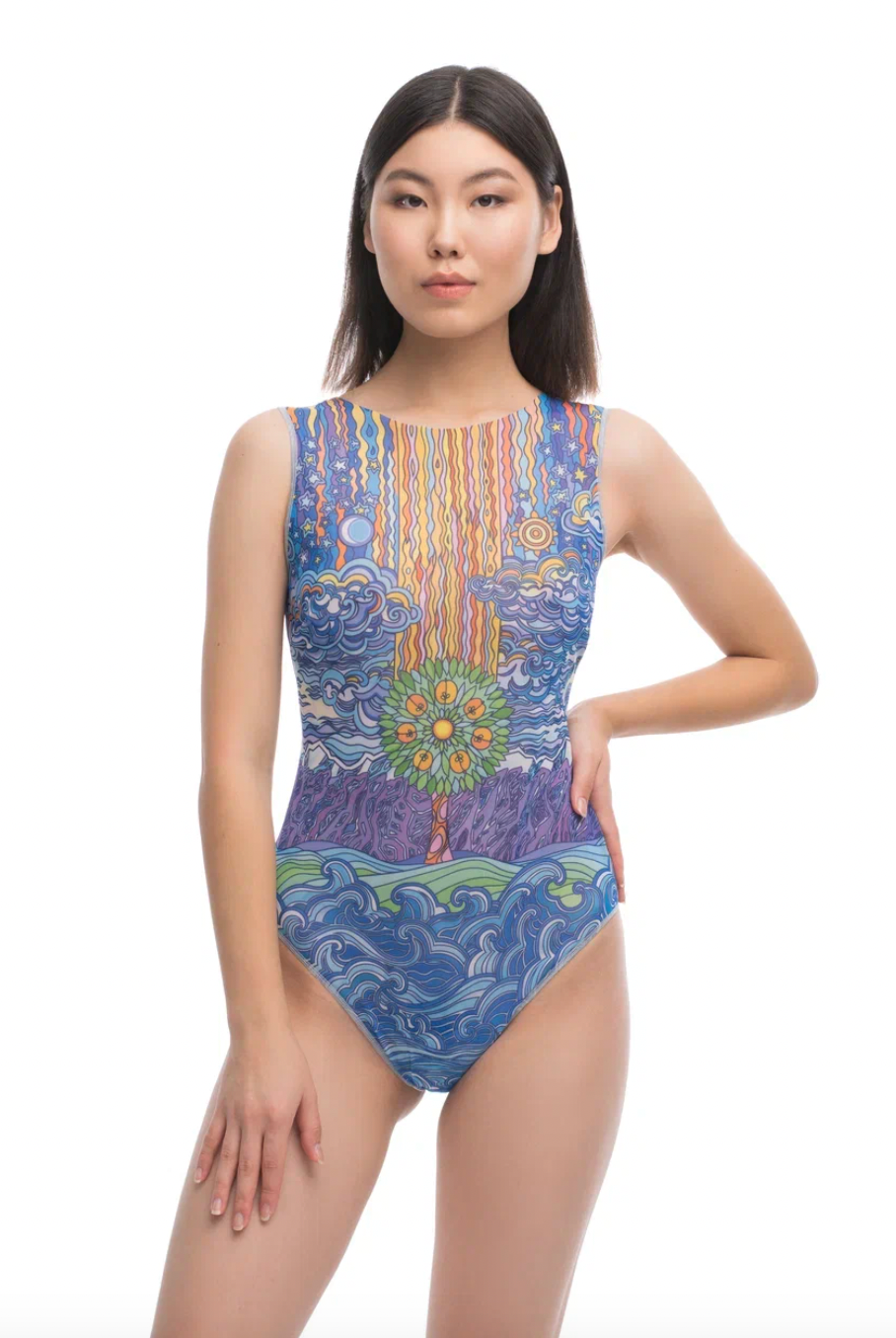 This file offers a selection of sleeveless swimsuits featuring the Family Power print, providing SPF35 protection. Embrace sustainable innovation and classic luxury with our stylish swimwear collection.