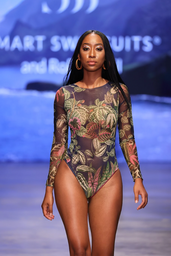 This file showcases sustainable luxury smart swimsuits with a botanicum print, offering SPF 15 protection and tan-through technology. It's perfect for summer fashion, providing a stylish one-piece bathing suit option