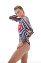 Load image into Gallery viewer, This file showcases sustainable tan-through smart swimsuits featuring a stylish Stripes print. With a one-piece swimsuit design and sleeves, it offers an artistic and high-fashion beachwear option
