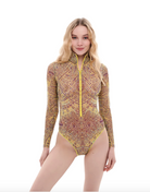 This text file provides a concise overview of a sustainable one-piece swimsuit with sleeves and a zipper, featuring the vibrant Eldorado print. Perfect for individuals with visual impairment or low-bandwidth connections seeking stylish swimwear options