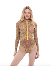 Load image into Gallery viewer, This text file provides a concise overview of a sustainable one-piece swimsuit with sleeves and a zipper, featuring the vibrant Eldorado print. Perfect for individuals with visual impairment or low-bandwidth connections seeking stylish swimwear options
