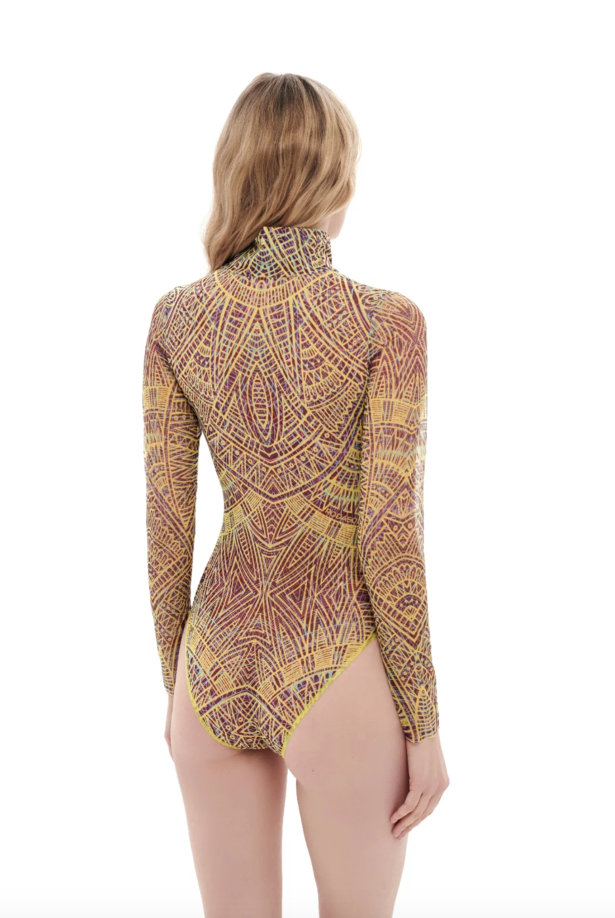 This file offers details about a sustainable one-piece swimsuit with sleeves, featuring a zipper and the Eldorado print. Tailored for those with visual impairment or low-bandwidth connections seeking eco-friendly swimwear options