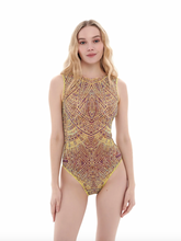 Load image into Gallery viewer, This file contains a brief description of a sleeveless swimsuit featuring the Eldorado print. The swimsuit is designed with sustainability in mind and offers a smart, stylish option for summer. Suitable for those with visual impairment or low-bandwidth connections
