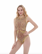 Image of a sleeveless swimsuit featuring the Eldorado print. The swimsuit is designed with sustainability in mind, offering a smart and stylish option for summer wear