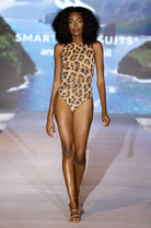 Explore sustainable tan-through smart swimsuits with a leopard print in this file. Featuring a one-piece swimsuit, as seen in Vogue, it offers fashionable and eco-friendly beachwear options