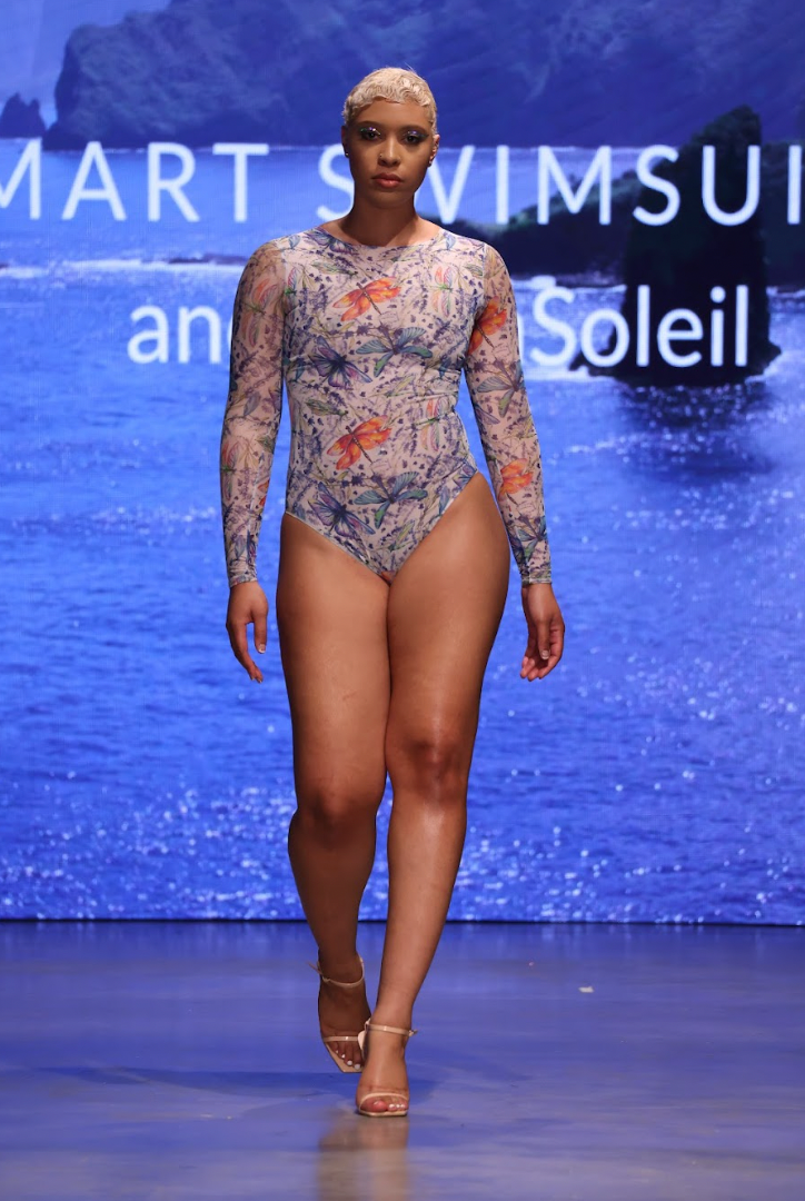 Dive into sustainable tan-through smart swimsuits featuring a dragonflies print in this file. Explore a one-piece swimsuit with sleeves, as showcased at New York Fashion Week.