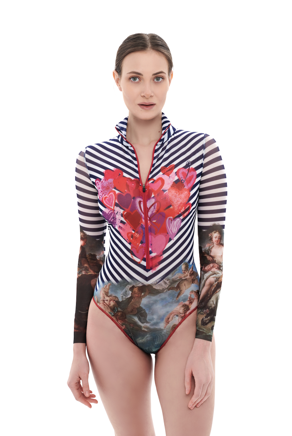 This file showcases sustainable tan-through smart swimsuits featuring a chic Stripes print. With a zipper swimsuit design and sleeves, it offers both style and SPF35 sun protection
