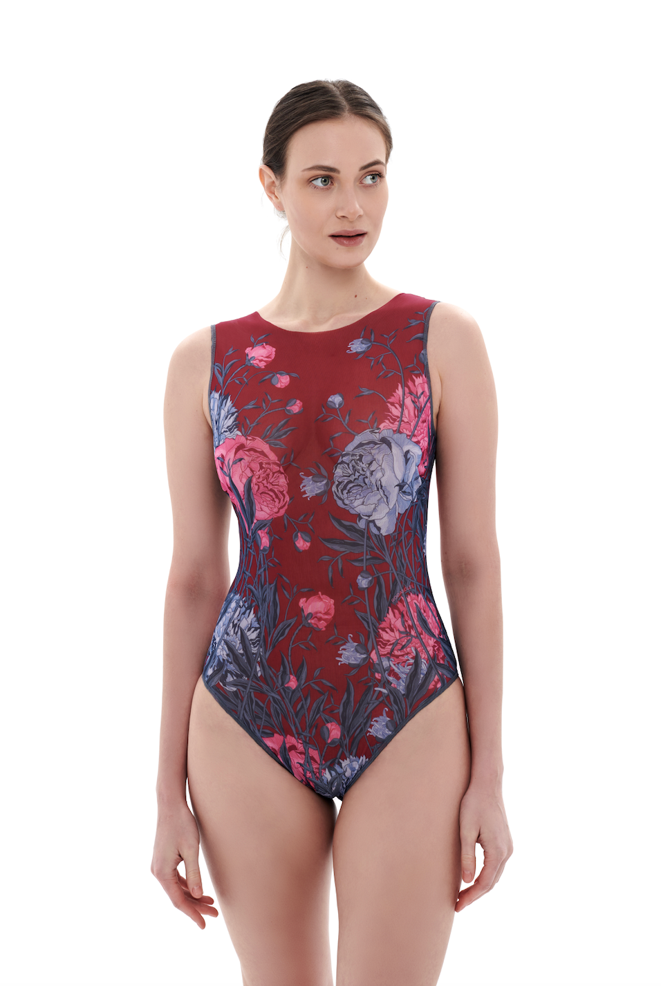  Discover sustainable tan-through smart swimsuits in this file, showcasing a stylish peonies print. Included is a sleeveless one-piece offering luxurious sun protection and a perfect silhouette.