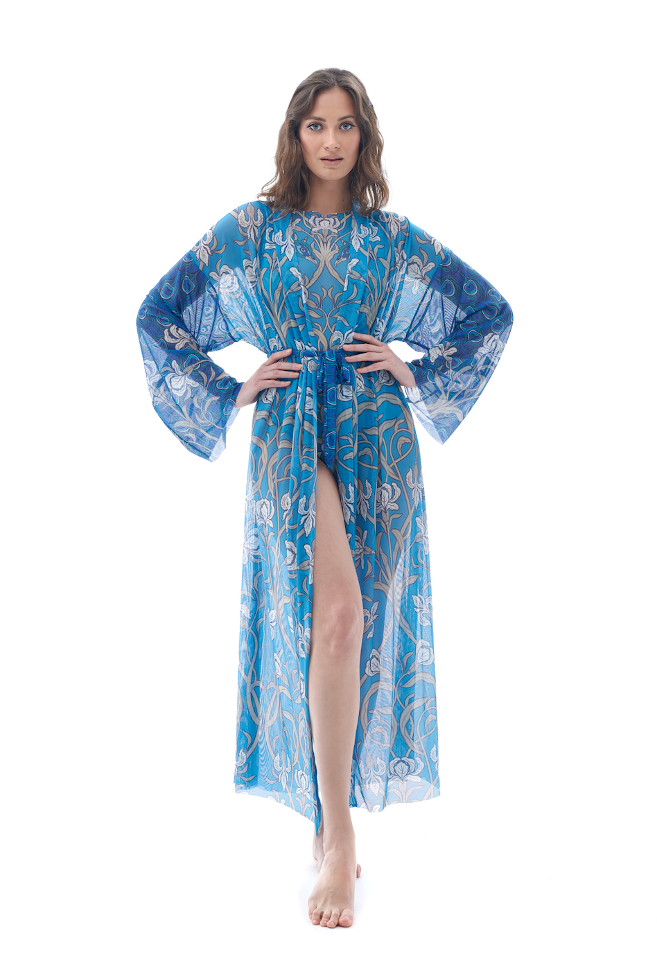 This file contains images and information about tan-through smart swimsuits. Featuring a vibrant peacock print, it offers options like beach robes for a luxurious beach experience.