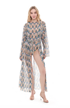 Innovative sustainable smart swimsuits in Casablanca print. This file offers a beach robe with SPF35 protection. Embrace classic luxury and shop now for stylish and eco-friendly beachwear.