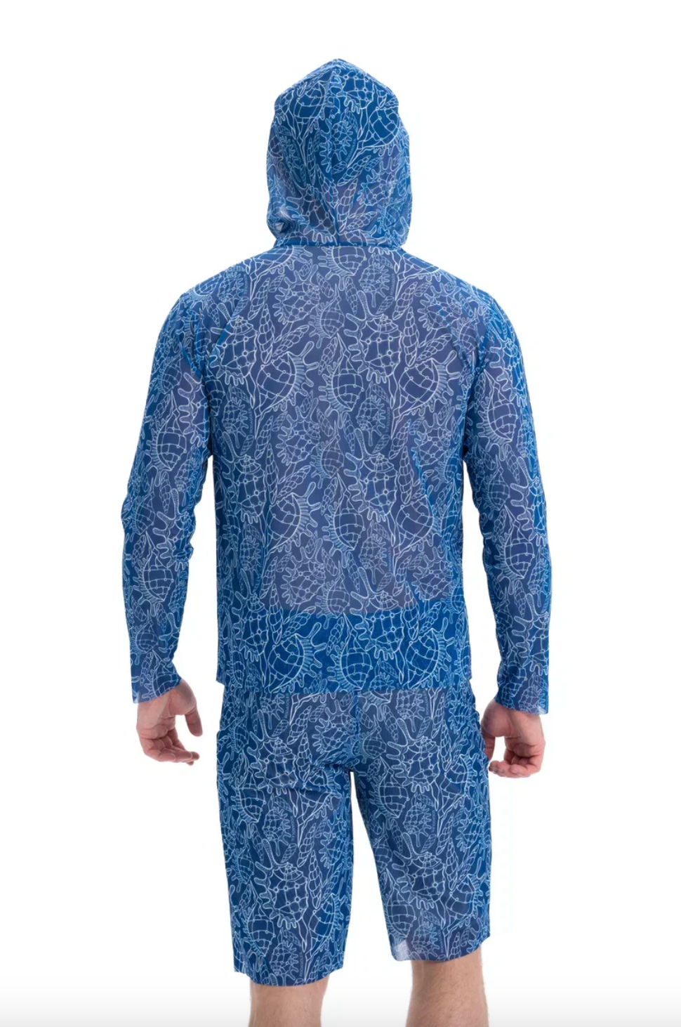 This file describes a sustainable, tan-through Men's Smart T-shirt with and without Hood in SHELLS print. It combines SPF protection and classic luxury for modest fashion. Shop now!