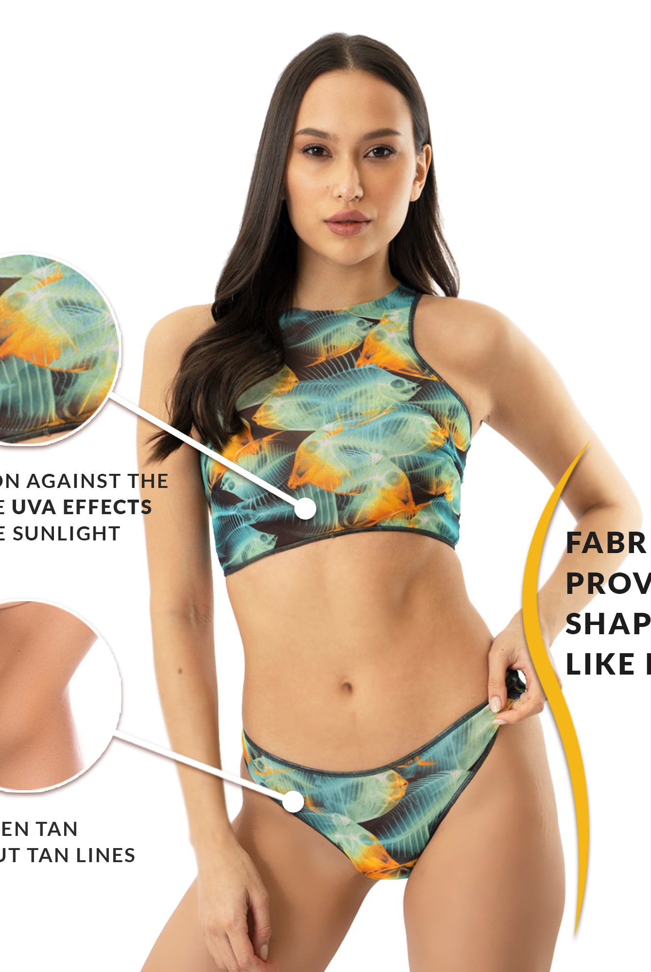 This file features sustainable tan-through smart swimsuits in a vibrant fish print. Offering SPF35 protection, these swim tops provide classic luxury for beach lovers prioritizing both style and sun safety.