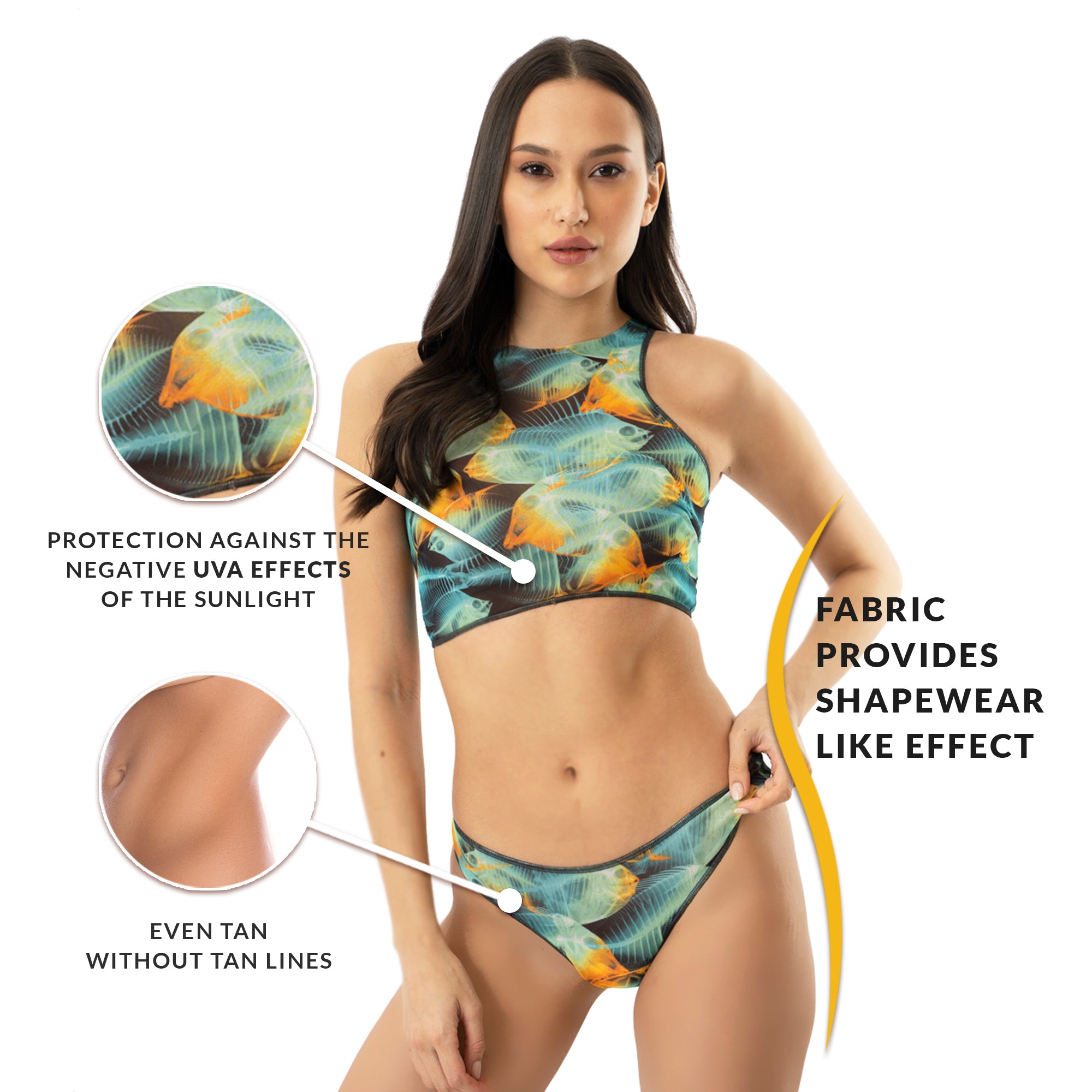 This file features sustainable tan-through smart swimsuits in a vibrant fish print. Offering SPF35 protection, these swim tops provide classic luxury for beach lovers prioritizing both style and sun safety.