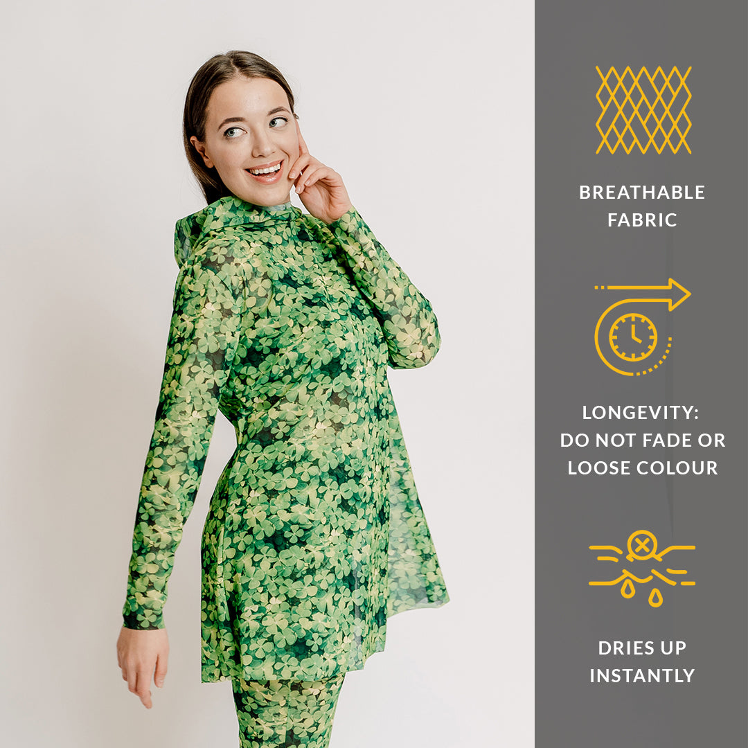 Explore our collection of sustainable smart swimsuits on sale, featuring a chic clover print burkini set. Embrace classic luxury with this versatile ensemble. Shop now for timeless beachwear options.