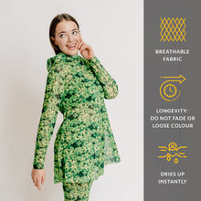 Load image into Gallery viewer, Explore our collection of sustainable smart swimsuits on sale, featuring a chic clover print burkini set. Embrace classic luxury with this versatile ensemble. Shop now for timeless beachwear options.
