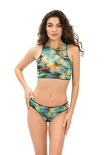 Load image into Gallery viewer, This file showcases innovative sustainable swimsuits featuring a vibrant fish print. Offering Brazilian bikini style and SPF35 protection, it combines classic luxury with eco-conscious design.
