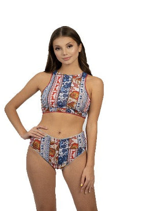 Discover sustainable luxury with our Antic print high-waist bikini. Perfectly fitted and offering SPF35 protection, this swimwear ensures both style and comfort. Shop now for timeless elegance and eco-conscious fashion.
