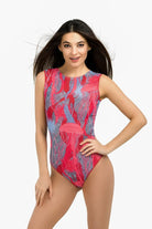 This file showcases sustainable tan-through smart swimsuits adorned with a chic jellyfish pink print. Included is a sleeveless one-piece, offering luxurious sun protection and a flattering silhouette.