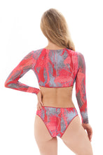 Load image into Gallery viewer, Explore our collection of sustainable smart swimsuits featuring a JELLYFISH pink print. This top with sleeves offers SPF35 protection and classic luxury for a stylish beach experience. Shop now!
